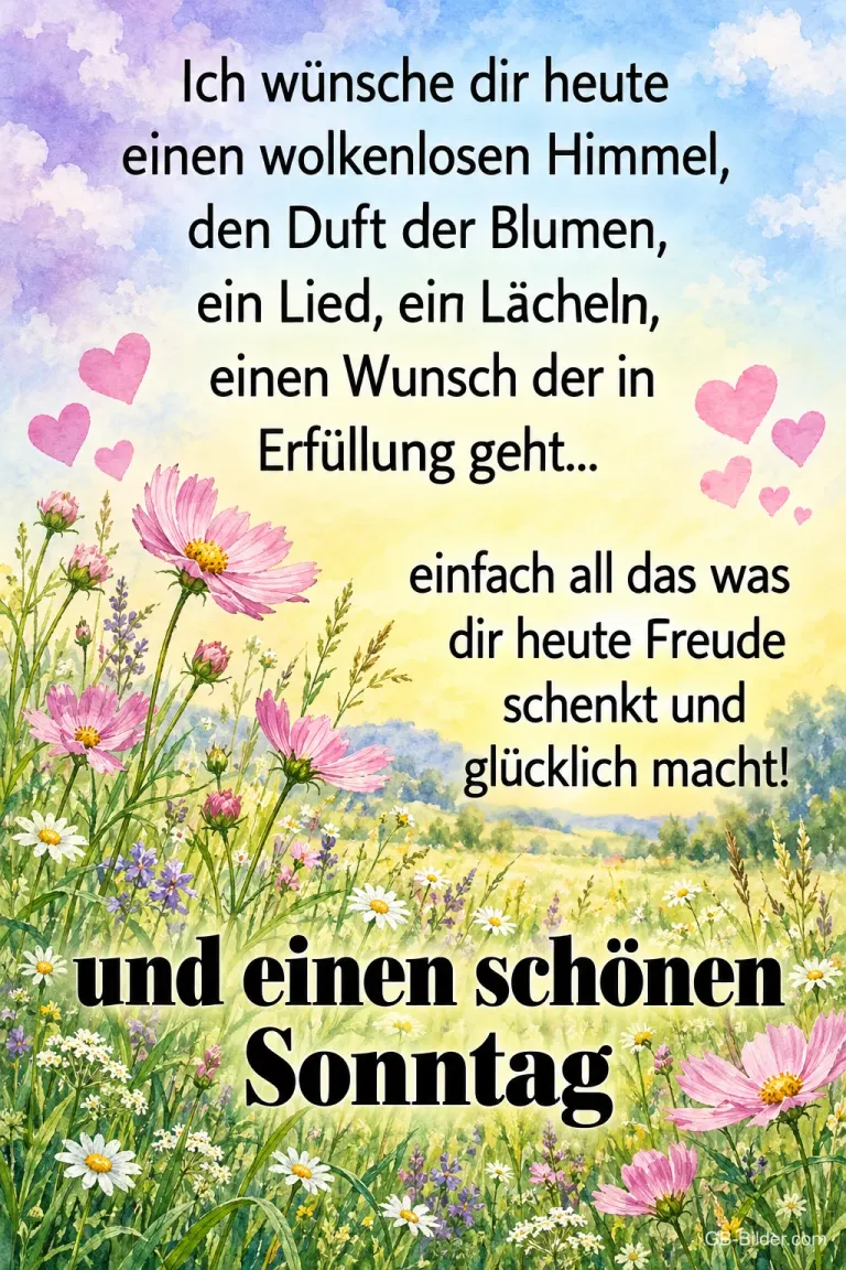 Blumenwiese mit Herzen, Sonntagsgedicht, Text: Ich wünsche dir heute einen wolkenlosen Himmel, den Duft der Blumen, e