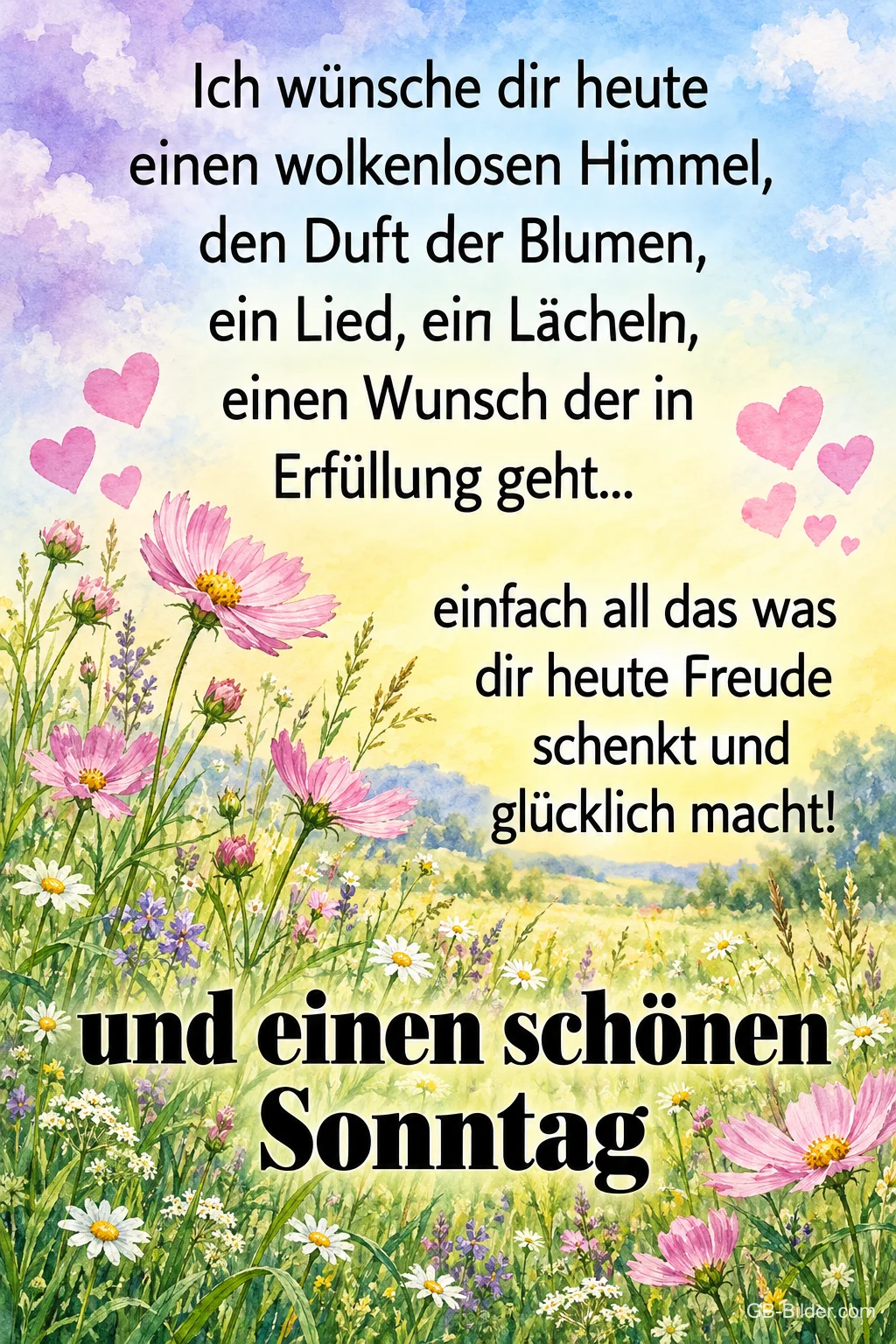 Blumenwiese mit Herzen, Sonntagsgedicht, Text: Ich wünsche dir heute einen wolkenlosen Himmel, den Duft der Blumen, e