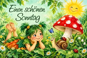 Wichtelmädchen liegt im Gras neben Fliegenpilz und Schnecke, Text: Einen schönen Sonntag