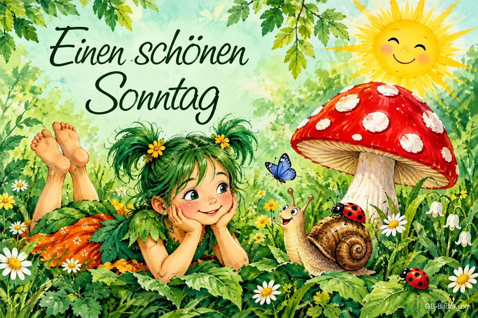 Wichtelmädchen liegt im Gras neben Fliegenpilz und Schnecke, Text: Einen schönen Sonntag