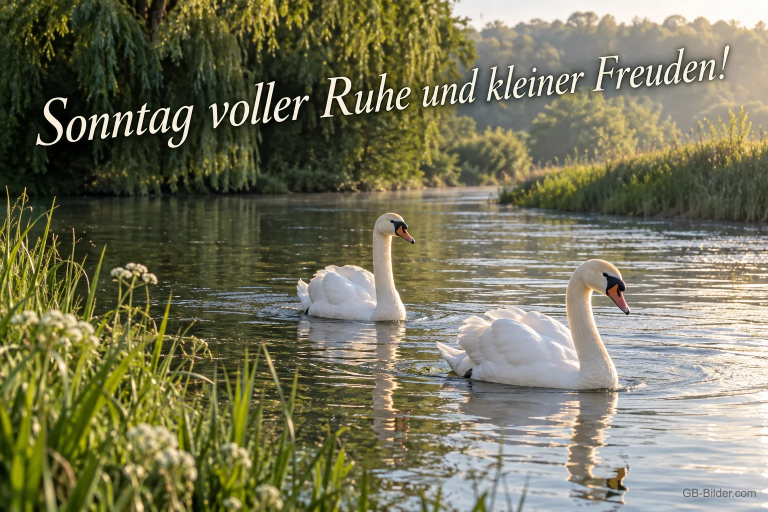 Schwäne auf dem Fluss, Text: Sonntag voller Ruhe und kleiner Freuden Schwäne auf dem Fluss, Text: Sonntag voller Ruhe und kleiner Freuden
