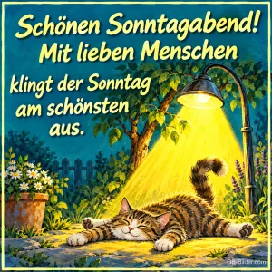 Getigerte Katze räkelt sich im Licht einer Gartenlaterne, Text: Schönen Sonntagabend! Mit lieben Menschen klingt der Sonntag am schönsten aus.