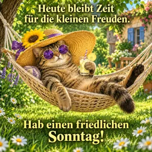 Katze mit Strohhut und Sonnenbrille liegt mit Limonade in der Hängematte, Text: Heute bleibt Zeit für die kleinen Freuden. Hab einen friedlichen Sonntag!