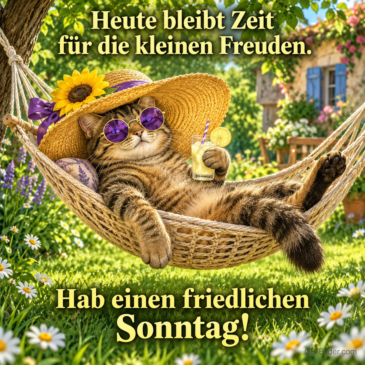 Katze mit Strohhut und Sonnenbrille liegt mit Limonade in der Hängematte, Text: Heute bleibt Zeit für die kleinen Freuden. Hab einen friedlichen Sonntag!