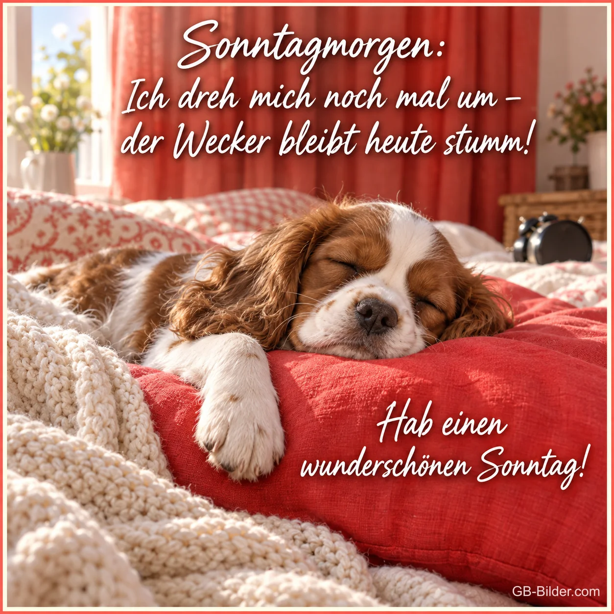 Cavalier-Spaniel schläft auf einem roten Kissen, Text: Sonntagmorgen: Ich dreh mich noch mal um – der Wecker bleibt heute stumm! Hab einen wunderschönen Sonntag! Cavalier-Spaniel schläft auf einem roten Kissen, Text: Sonntagmorgen: Ich dreh mich noch mal um – der Wecker bleibt heute stumm! Hab einen wunderschönen Sonntag!
