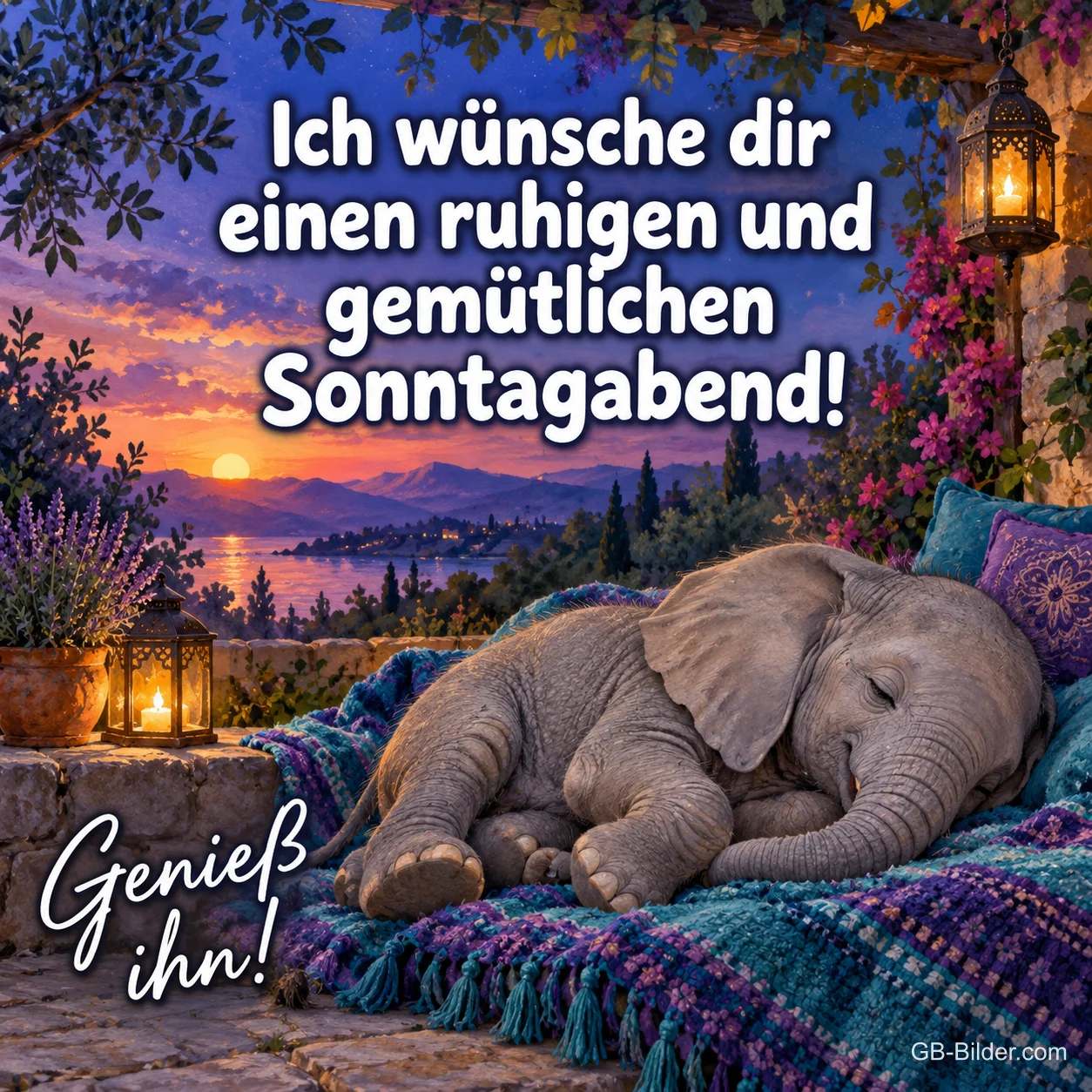 Elefantenkalb schläft auf einer Decke auf einer Terrasse, Text: Ich wünsche dir einen ruhigen und gemütlichen Sonntagabend! – Genieß ihn!