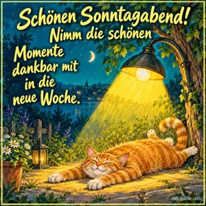 Rote Katze räkelt sich im Licht einer Gartenlaterne am Abend, Text: Schönen Sonntagabend! Nimm die schönen Momente dankbar mit in die neue Woche.