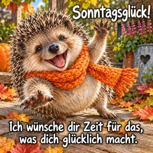 Lachender Igel mit orangem Schal winkt im Herbstlaub, Text: Sonntagsglück! Ich wünsche dir Zeit für das, was dich glücklich macht.