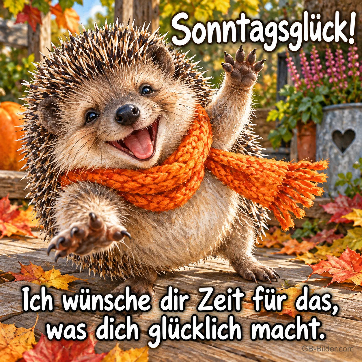 Lachender Igel mit orangem Schal winkt im Herbstlaub, Text: Sonntagsglück! Ich wünsche dir Zeit für das, was dich glücklich macht. Lachender Igel mit orangem Schal winkt im Herbstlaub, Text: Sonntagsglück! Ich wünsche dir Zeit für das, was dich glücklich macht.