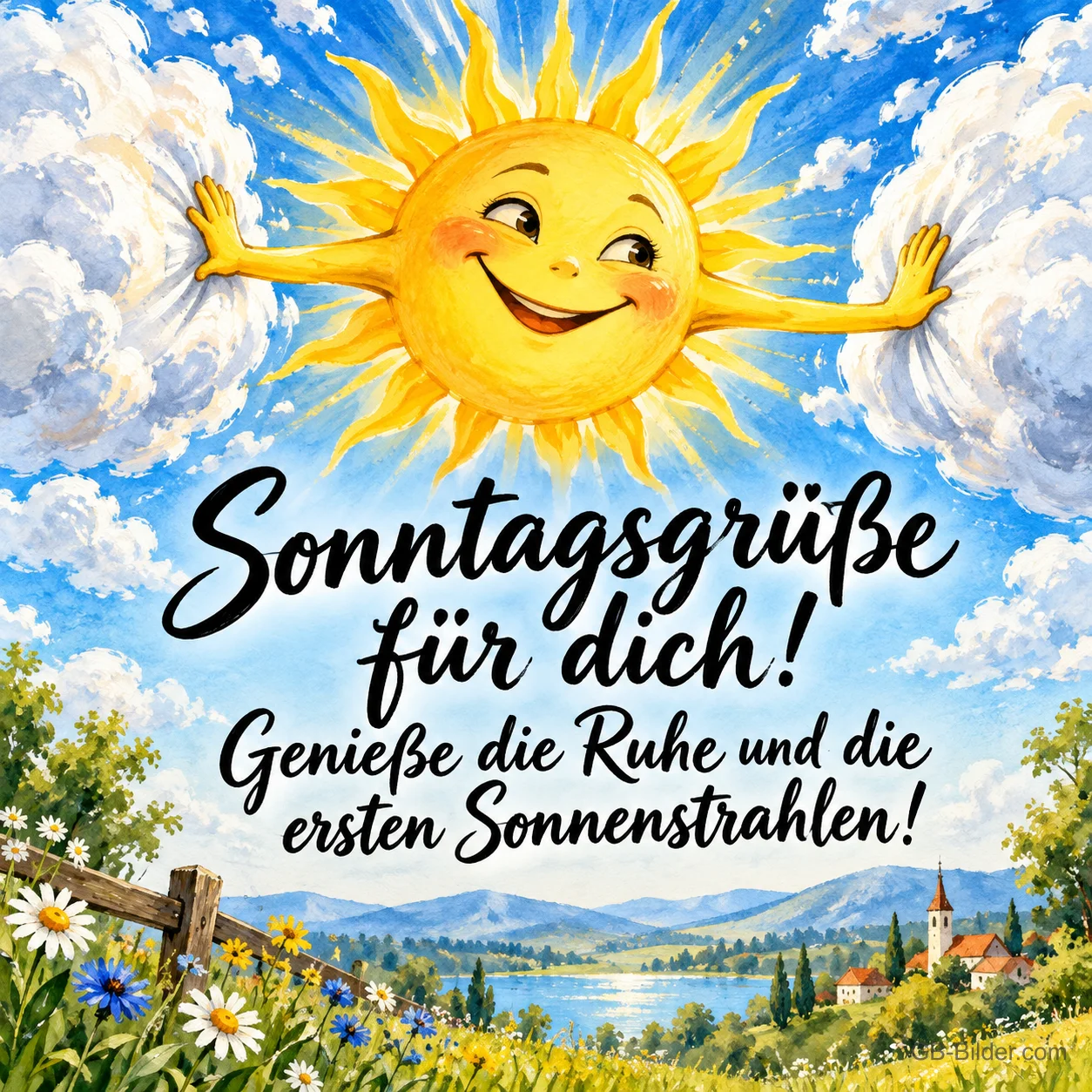 Lachende Sonne schiebt die Wolken über einer Landschaft beiseite, Text: Sonntagsgrüße für dich! Genieße die Ruhe und die ersten Sonnenstrahlen!