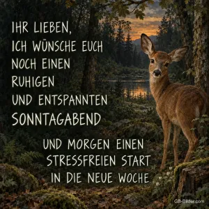 Reh steht im Wald an einem See in der Abenddämmerung, Text: Ihr Lieben, ich wünsche euch noch einen ruhigen und entspannten Sonntagabend und morgen einen stressfreien Start in die neue Woche