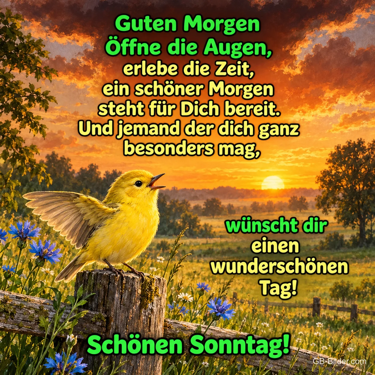 Gelber Vogel singt auf einem Zaunpfahl im Sonnenaufgang, Text: Guten Morgen! Öffne die Augen, erlebe die Zeit. Schönen Sonntag!
