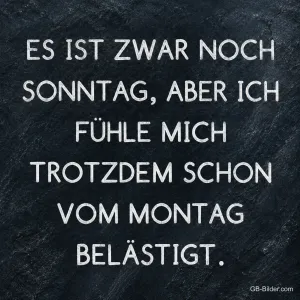 Kreideschrift auf Schiefertafel, Text: Es ist zwar noch Sonntag, aber ich fühle mich trotzdem schon vom Montag belästigt.