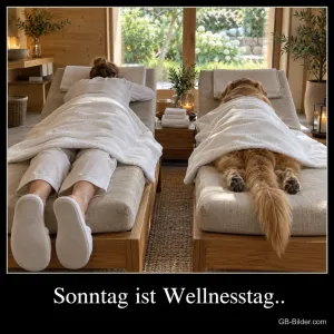 Frau und Hund auf Massageliegen im Spa, Text: Sonntag ist Wellnesstag