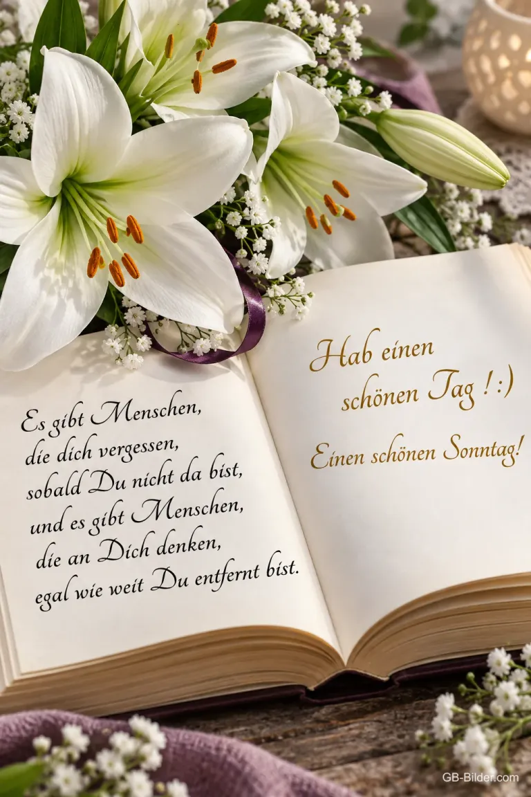 Weiße Lilien auf einem offenen Buch, Spruch über Menschen, die an dich denken, Einen schönen Sonntag!