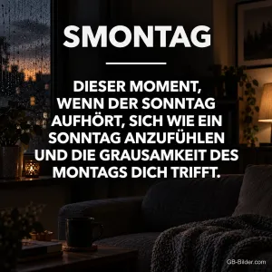 Abendliches Wohnzimmer mit Regen am Fenster, Text: Smontag – Dieser Moment, wenn der Sonntag aufhört, sich wie ein Sonntag anzufühlen