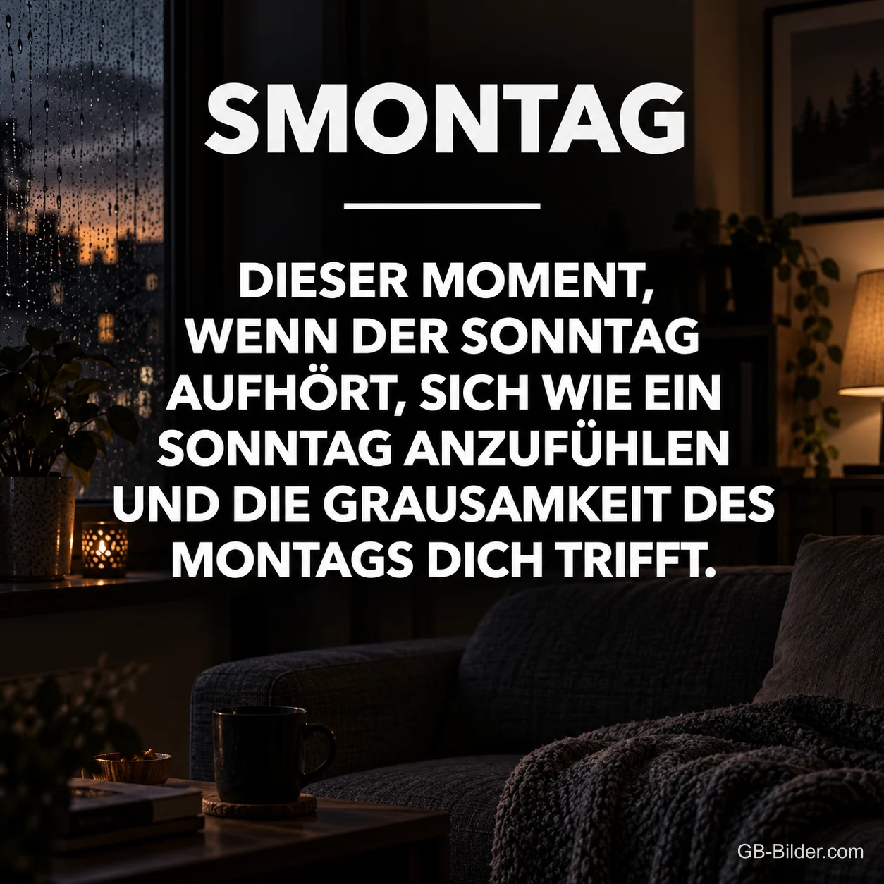 Abendliches Wohnzimmer mit Regen am Fenster, Text: Smontag – Dieser Moment, wenn der Sonntag aufhört, sich wie ein Sonntag anzufühlen Abendliches Wohnzimmer mit Regen am Fenster, Text: Smontag – Dieser Moment, wenn der Sonntag aufhört, sich wie ein Sonntag anzufühlen