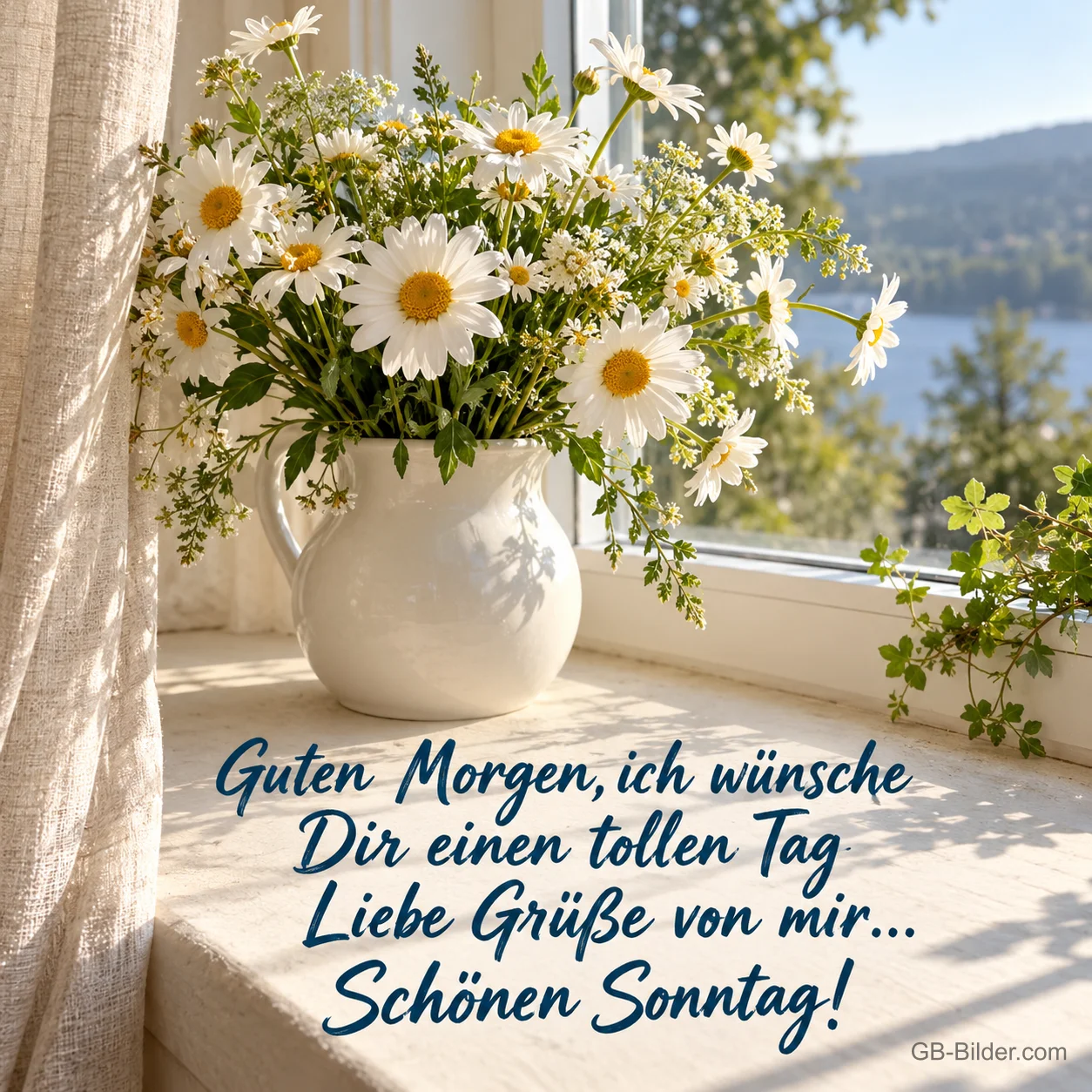 Margeriten im Krug am sonnigen Fenster, Text: Guten Morgen, ich wünsche dir einen tollen Tag. Schönen Sonntag!