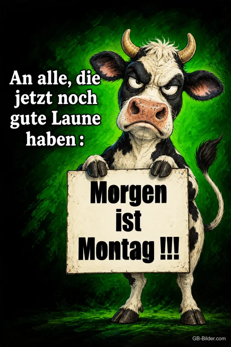 Grimmige Kuh hält ein Schild mit Morgen ist Montag, Text: An alle, die jetzt noch gute Laune haben: Morgen ist Montag !!!