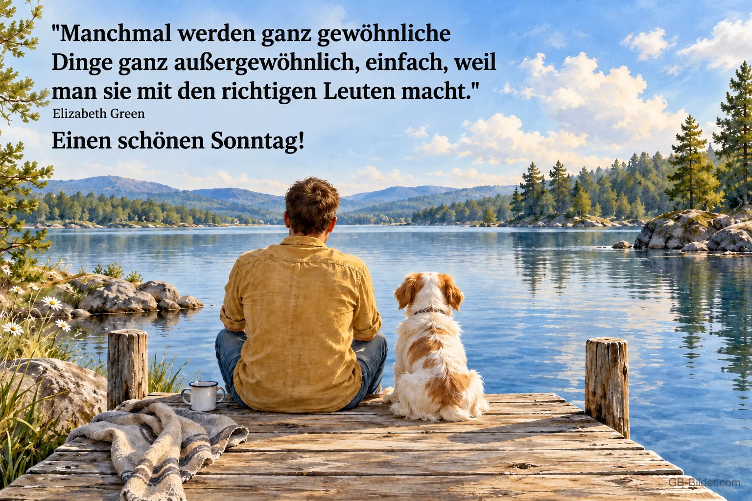 Mann und Hund auf einem Steg am See, Zitat über gewöhnliche Dinge mit den richtigen Leuten, Einen schönen Sonntag! – Elizabeth Green