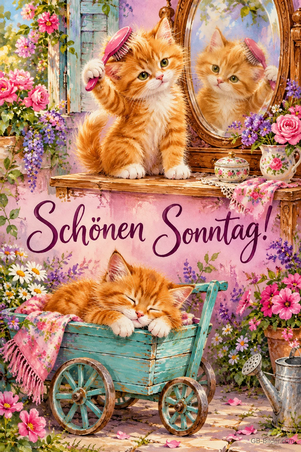 Kätzchen kämmt sich vor dem Spiegel, ein zweites schläft im Bollerwagen, Text: Schönen Sonntag!