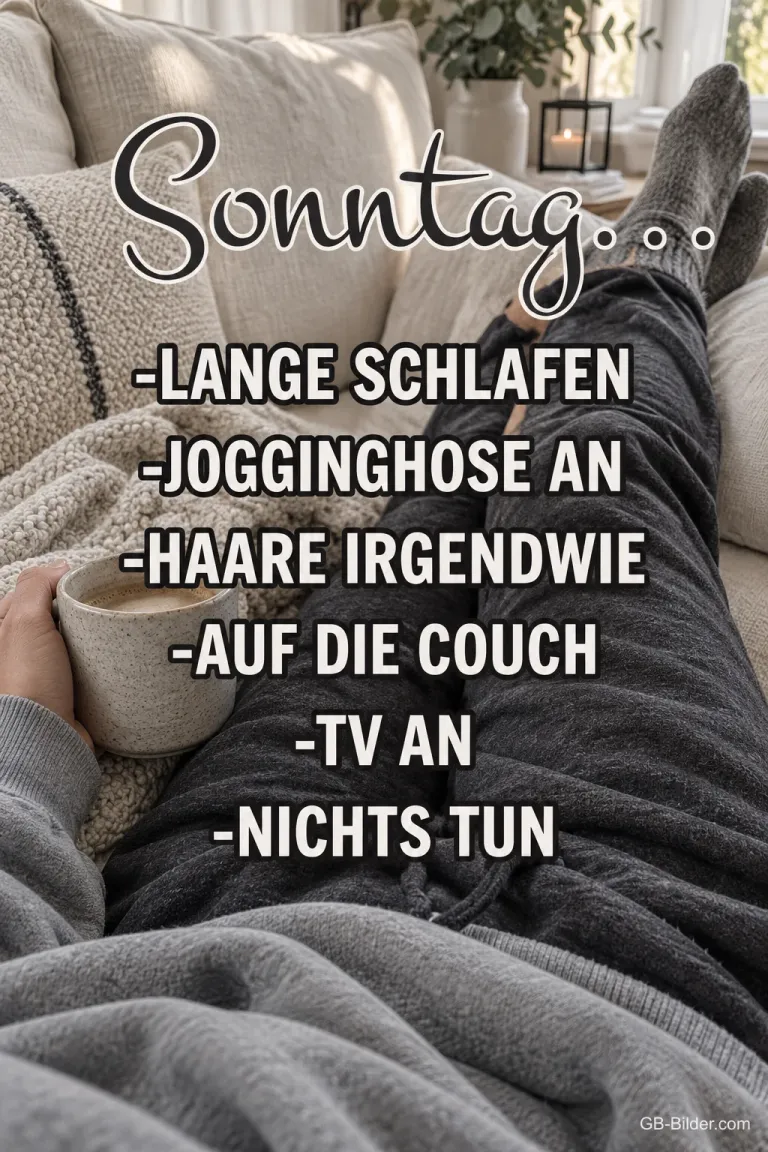 Füße in Wollsocken auf dem Sofa, lustige Sonntagsliste: lange schlafen, Jogginghose an, nichts tun