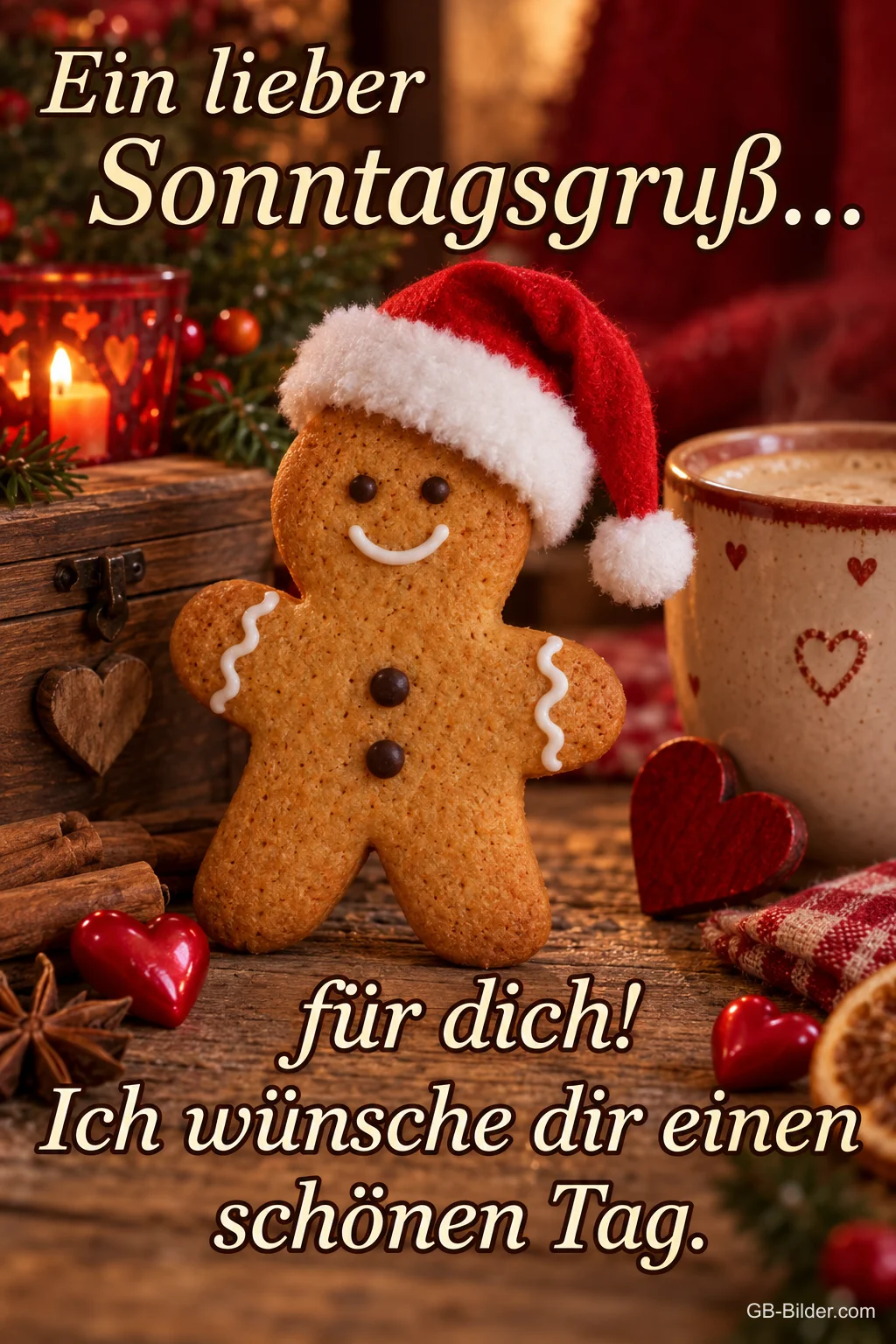 Lebkuchenmann mit Weihnachtsmütze, Text: Ein lieber Sonntagsgruß für dich! Ich wünsche dir einen schönen Tag.