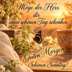 Schmetterling auf einer Margerite neben einer Tasse, Text: Möge der Herr dir einen schönen Tag schenken. Schönen Sonntag!