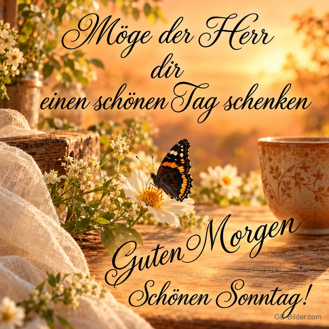 Schmetterling auf einer Margerite neben einer Tasse, Text: Möge der Herr dir einen schönen Tag schenken. Schönen Sonntag!