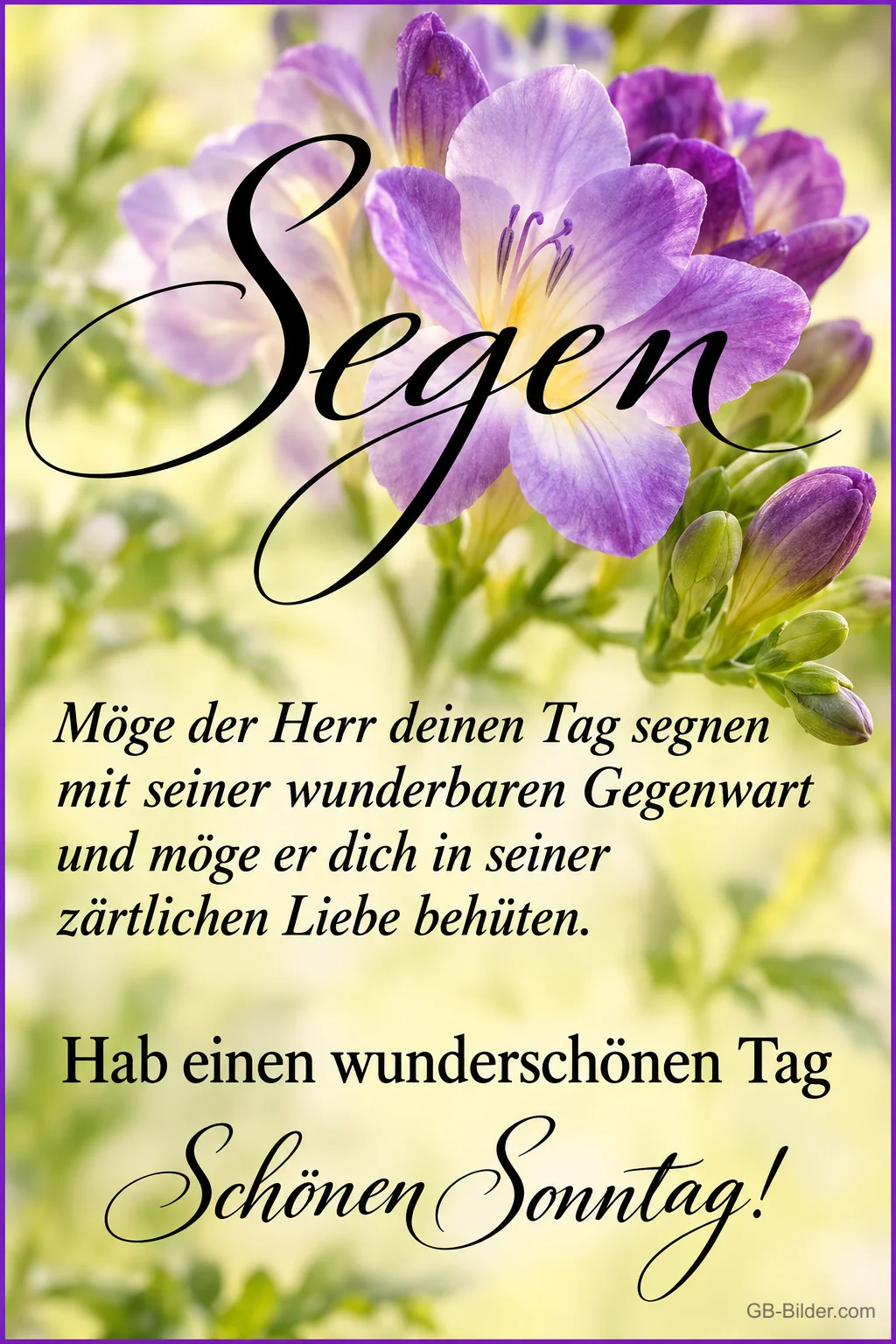 Lila Freesien, Segenswunsch: Möge der Herr deinen Tag segnen. Schönen Sonntag! Lila Freesien, Segenswunsch: Möge der Herr deinen Tag segnen. Schönen Sonntag!