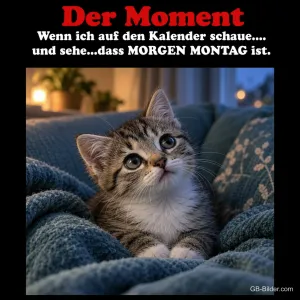 Erschrockenes Kätzchen in einer Decke, Text: Der Moment, wenn ich sehe, dass morgen Montag ist.