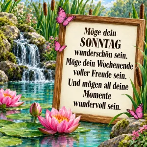 Holzrahmen an einem Seerosenteich mit Wasserfall, Text: Möge dein Sonntag wunderschön sein