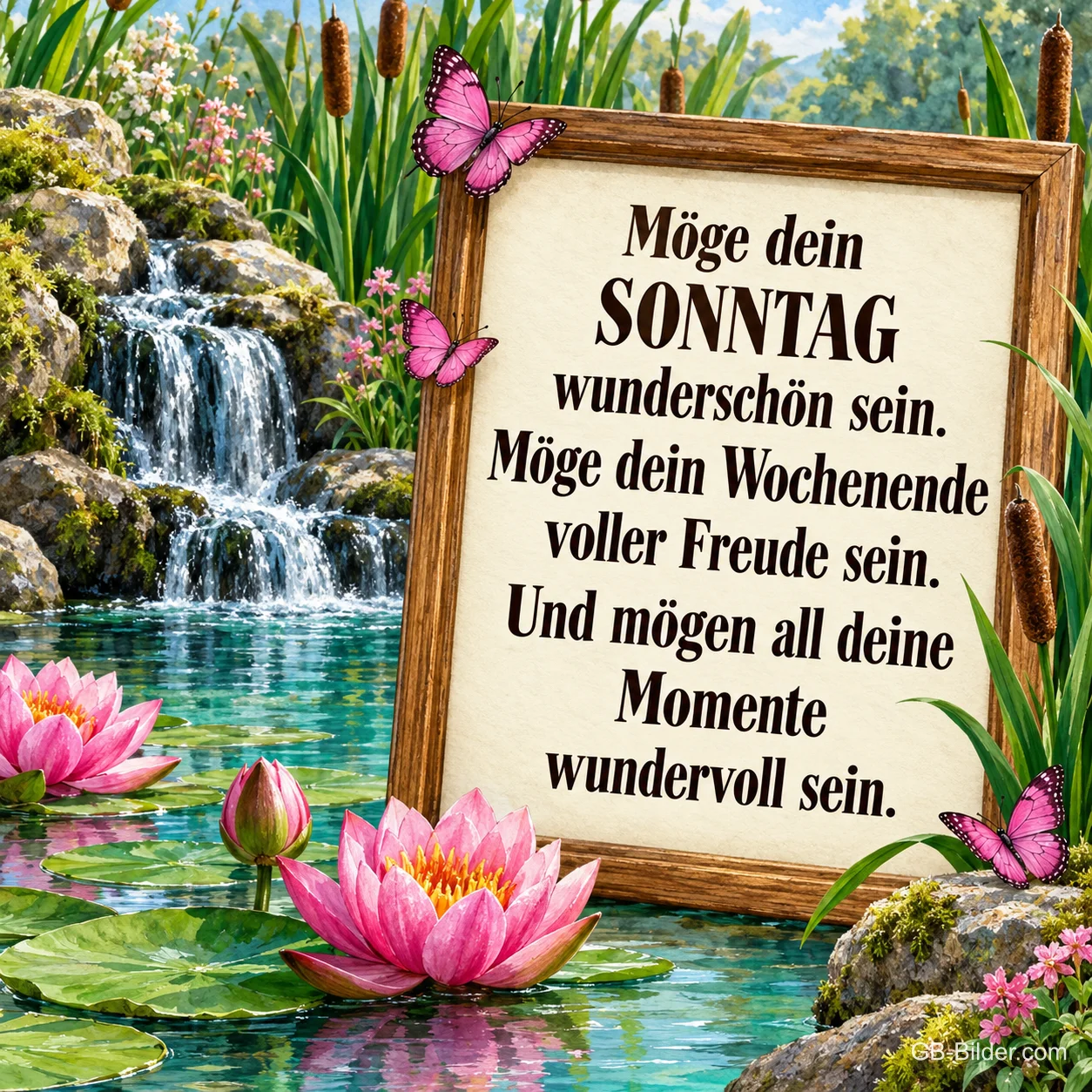 Holzrahmen an einem Seerosenteich mit Wasserfall, Text: Möge dein Sonntag wunderschön sein