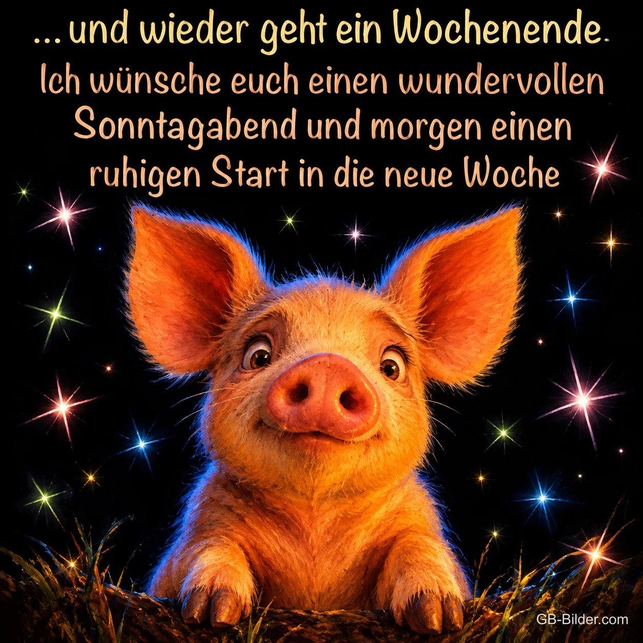 Ferkel schaut zwischen funkelnden Sternen hervor, Text: … und wieder geht ein Wochenende. Ich wünsche euch einen wundervollen Sonntagabend und morgen einen ruhigen Start in die neue Woche