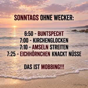 Strand im Sonnenaufgang, lustiger Spruch: Sonntags ohne Wecker – Das ist Mobbing!
