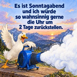 Ente bläst mit einem Laubbläser Wolken weg, Text: Es ist Sonntagabend und ich würde so wahnsinnig gerne die Uhr um 2 Tage zurückstellen.