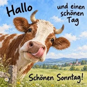 Kuh leckt sich über das Maul, Text: Hallo und einen schönen Tag – Schönen Sonntag!
