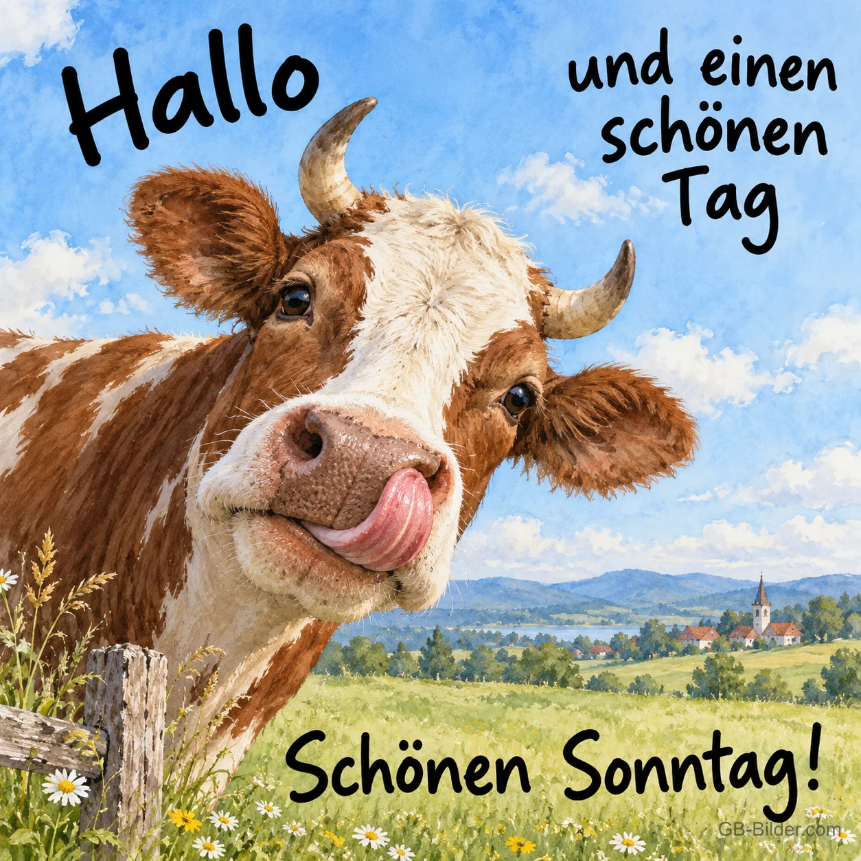 Kuh leckt sich über das Maul, Text: Hallo und einen schönen Tag – Schönen Sonntag!
