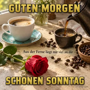 Kaffeetasse mit Kaffeebohnen und roter Rose, Text: Guten Morgen – Aus der Ferne liegt mir viel an dir – Schönen Sonntag