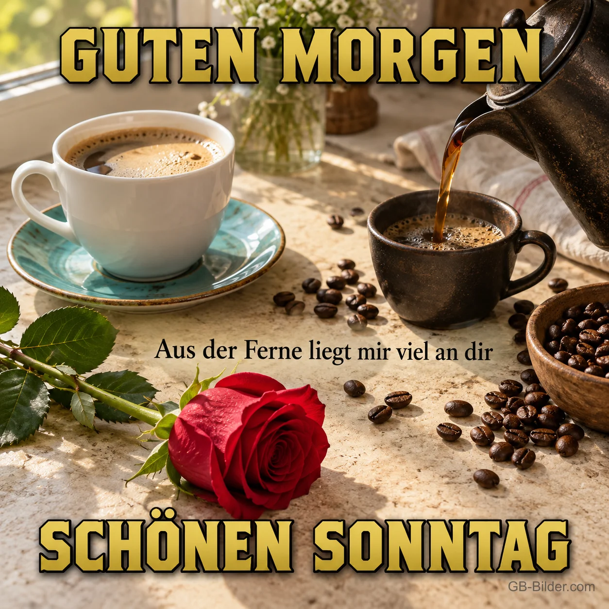 Kaffeetasse mit Kaffeebohnen und roter Rose, Text: Guten Morgen – Aus der Ferne liegt mir viel an dir – Schönen Sonntag