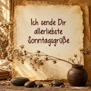 Altes Papier mit Trockenblumen, Text: Ich sende dir allerliebste Sonntagsgrüße