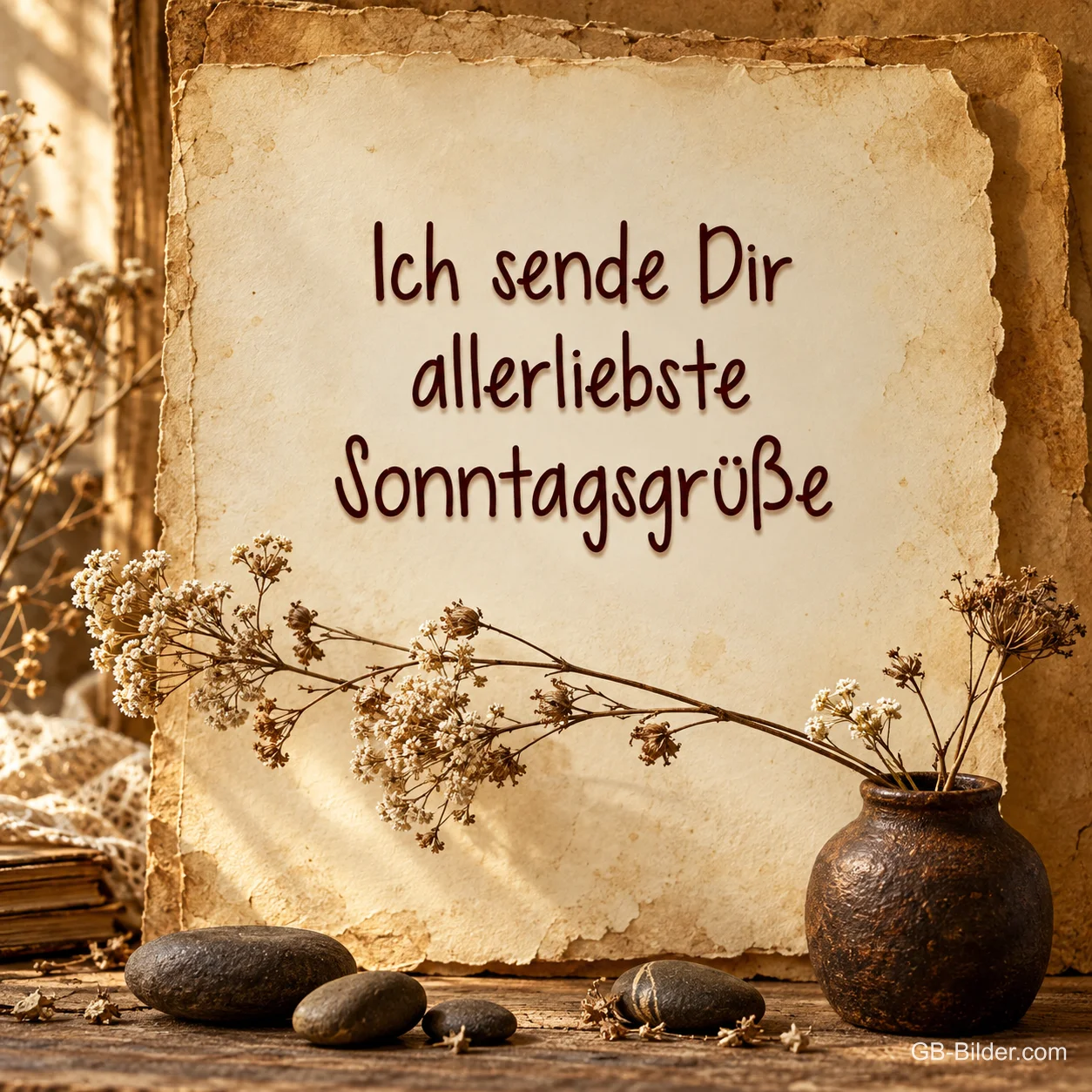 Altes Papier mit Trockenblumen, Text: Ich sende dir allerliebste Sonntagsgrüße