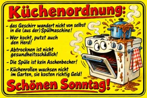 Überkochender Herd mit Topf neben einer Liste mit Küchenregeln, Text: Küchenordnung: das Geschirr wandert nicht von selbst in die (aus der) Spülmaschine! Wer kocht, putzt auch den Herd! Abtrocknen ist nicht gesundheitsschädlich! Die Spüle ist kein Aschenbecher! Küchenrollen wachsen nicht im Garten, sie kosten richtig Geld! Schönen Sonntag!