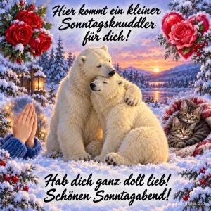 Zwei Eisbären kuscheln im Schnee neben Kätzchen und Rosen, Text: Hier kommt ein kleiner Sonntagsknuddler für dich! Hab dich ganz doll lieb! Schönen Sonntagabend!