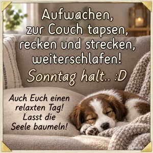 Schlafender Welpe auf dem Sofa, Text: Aufwachen, zur Couch tapsen, weiterschlafen! Sonntag halt.