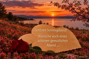 Herzstein mit Rose am See im Sonnenuntergang, Text: Schönen Sonntagabend! Einen schönen gemütlichen Abend