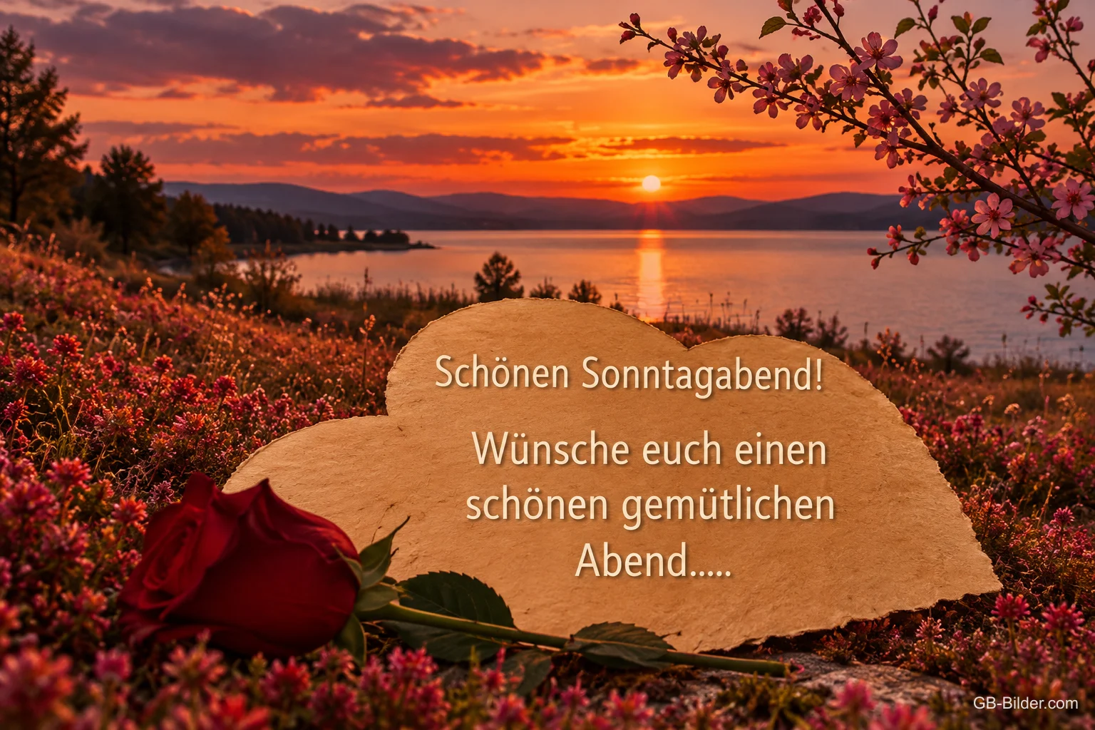 Herzstein mit Rose am See im Sonnenuntergang, Text: Schönen Sonntagabend! Einen schönen gemütlichen Abend