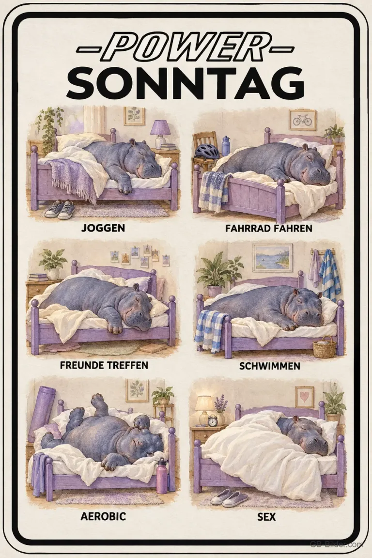 Faules Nilpferd im Bett in sechs Bildern, lustige Liste: Power-Sonntag