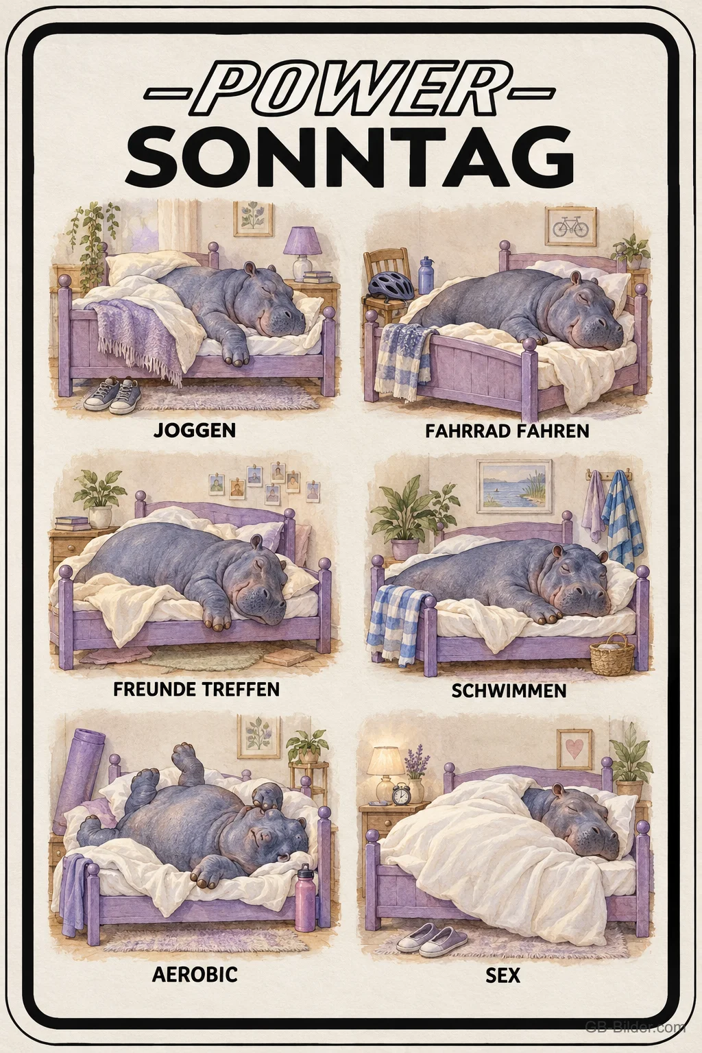 Faules Nilpferd im Bett in sechs Bildern, lustige Liste: Power-Sonntag