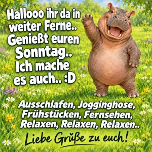 Nilpferd winkt lachend auf einer Blumenwiese, Text: Hallooo ihr da in weiter Ferne.. Genießt euren Sonntag.. Ich mache es auch.. :D Ausschlafen, Jogginghose, Frühstücken, Fernsehen, Relaxen, Relaxen, Relaxen.. Liebe Grüße zu euch!
